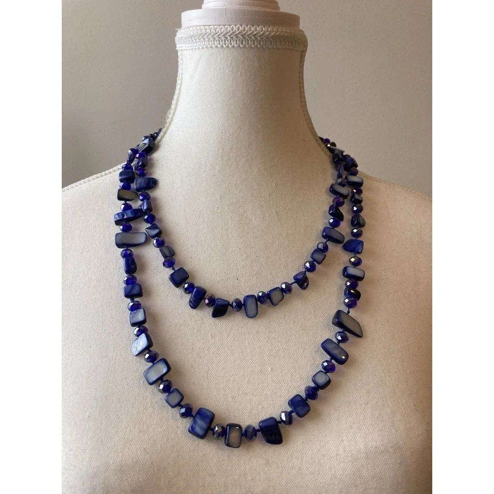 Cobalt Blue Double Strand Beaded Necklace Glass & Shell Chip Beads Artsy